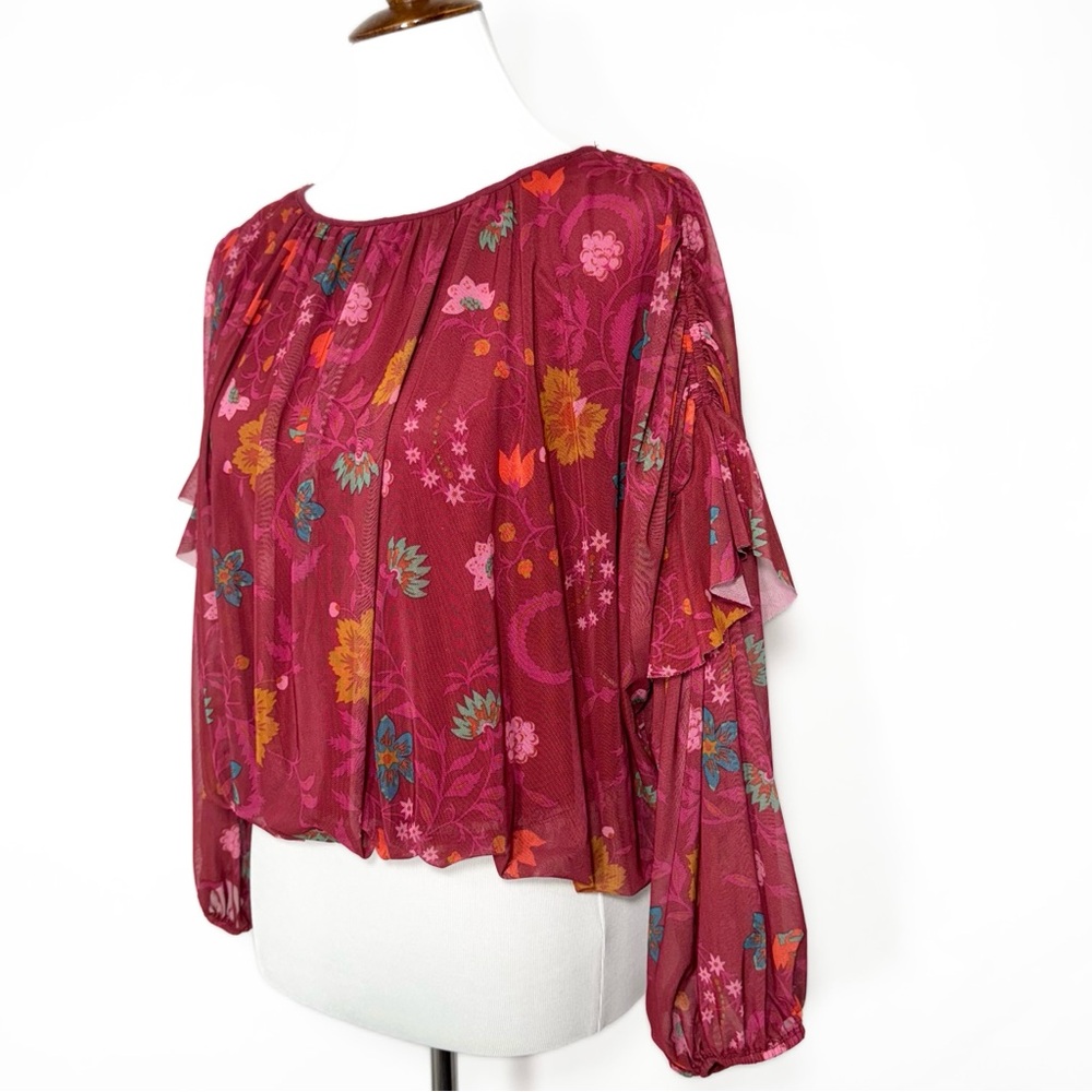 Free People Whimsy Floral Print Berry Pink Ruffled Pleated Draped Blouse XS - Picture 7 of 12
